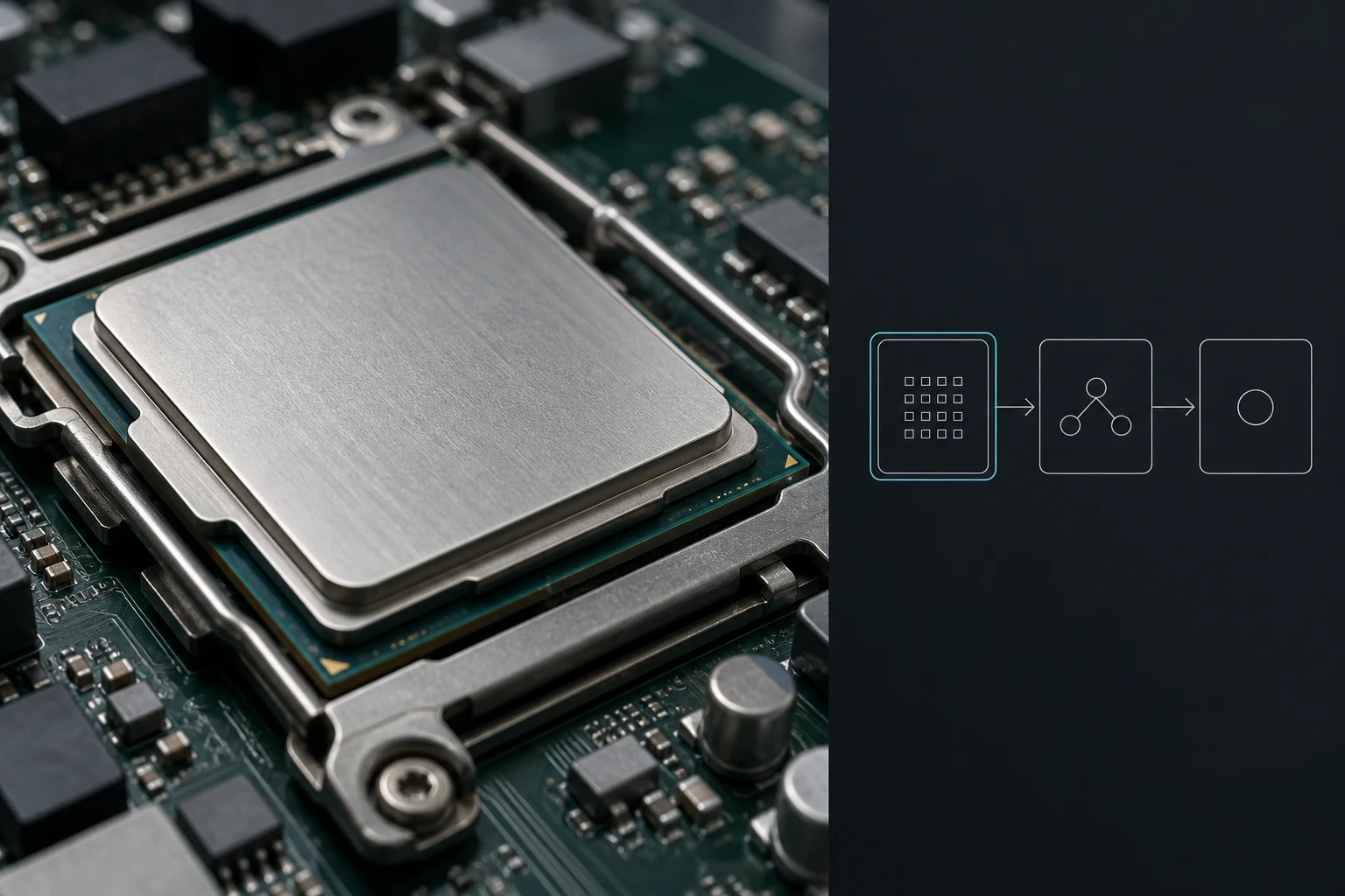 Close-up of a server processor alongside a restrained conceptual attestation diagram.