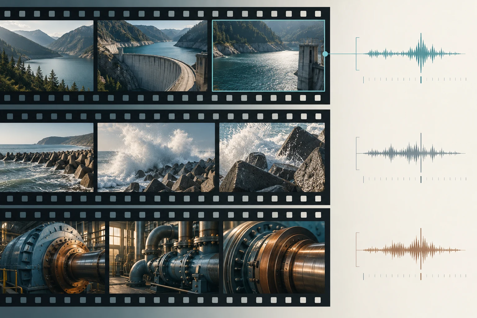 Editorial arrangement of landscape and industrial footage keyframes linked to conceptual audio traces.