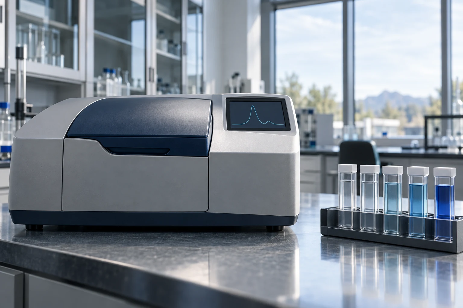 Enclosed laboratory spectrometer beside clean reference cuvettes in an empty research laboratory.