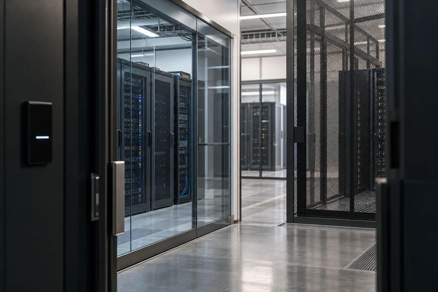 Layered access threshold and separated server enclosures.