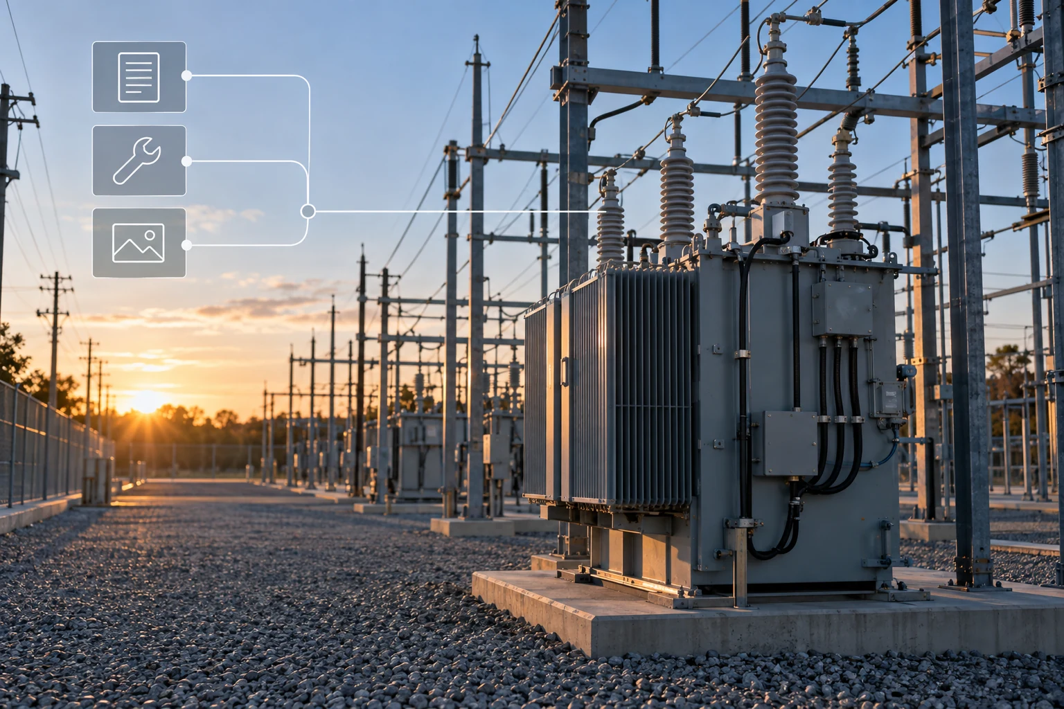 A substation transformer connected to abstract record, maintenance, and image symbols.