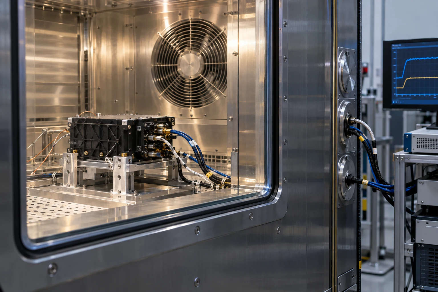 An avionics unit undergoing testing inside an environmental chamber.