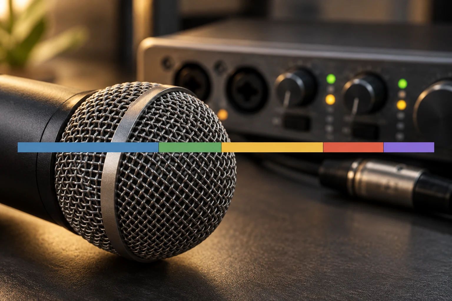 A microphone and audio interface with a qualitative segmented timing strip.