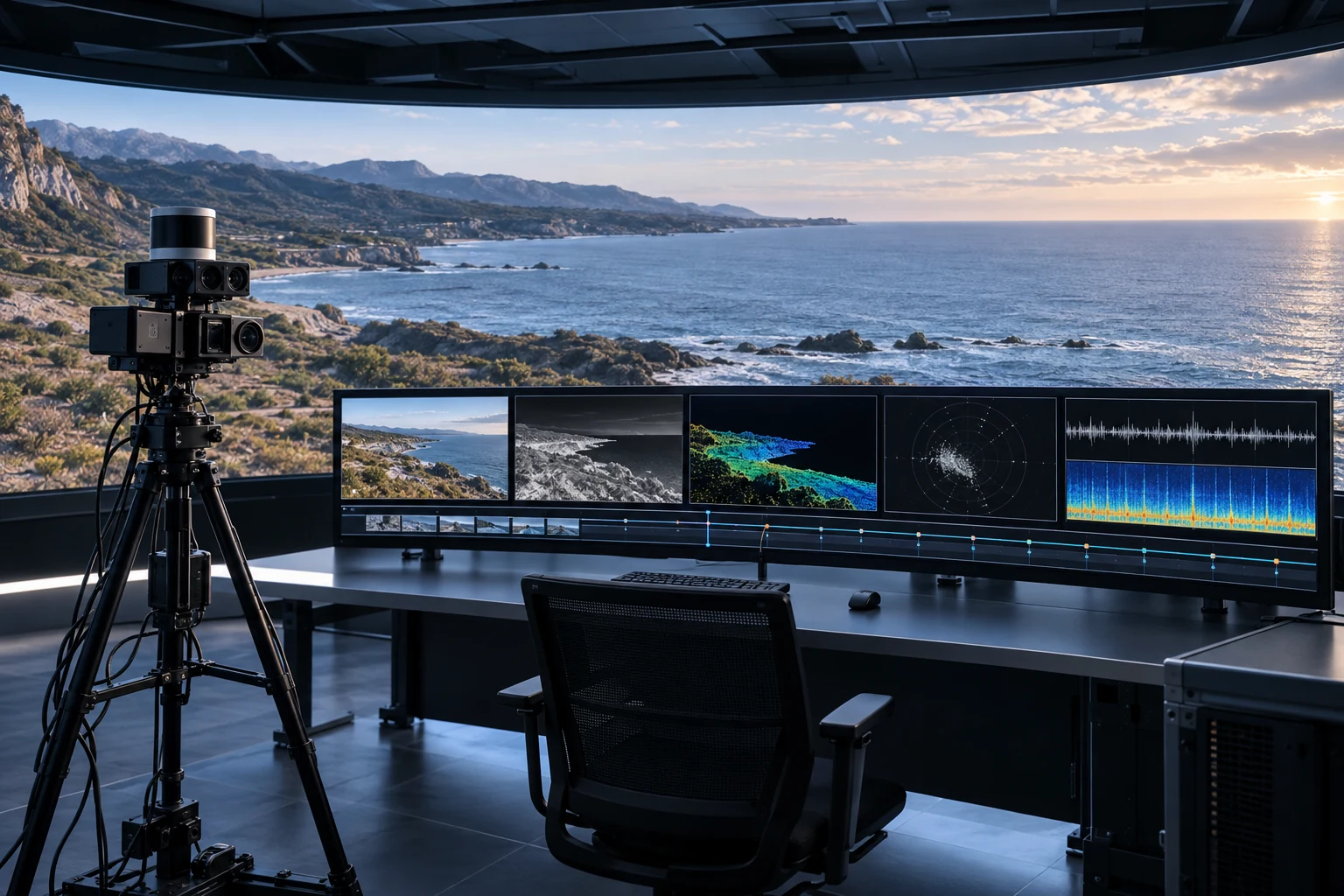 An unoccupied simulation room with coastal imagery and synchronized sensor views.