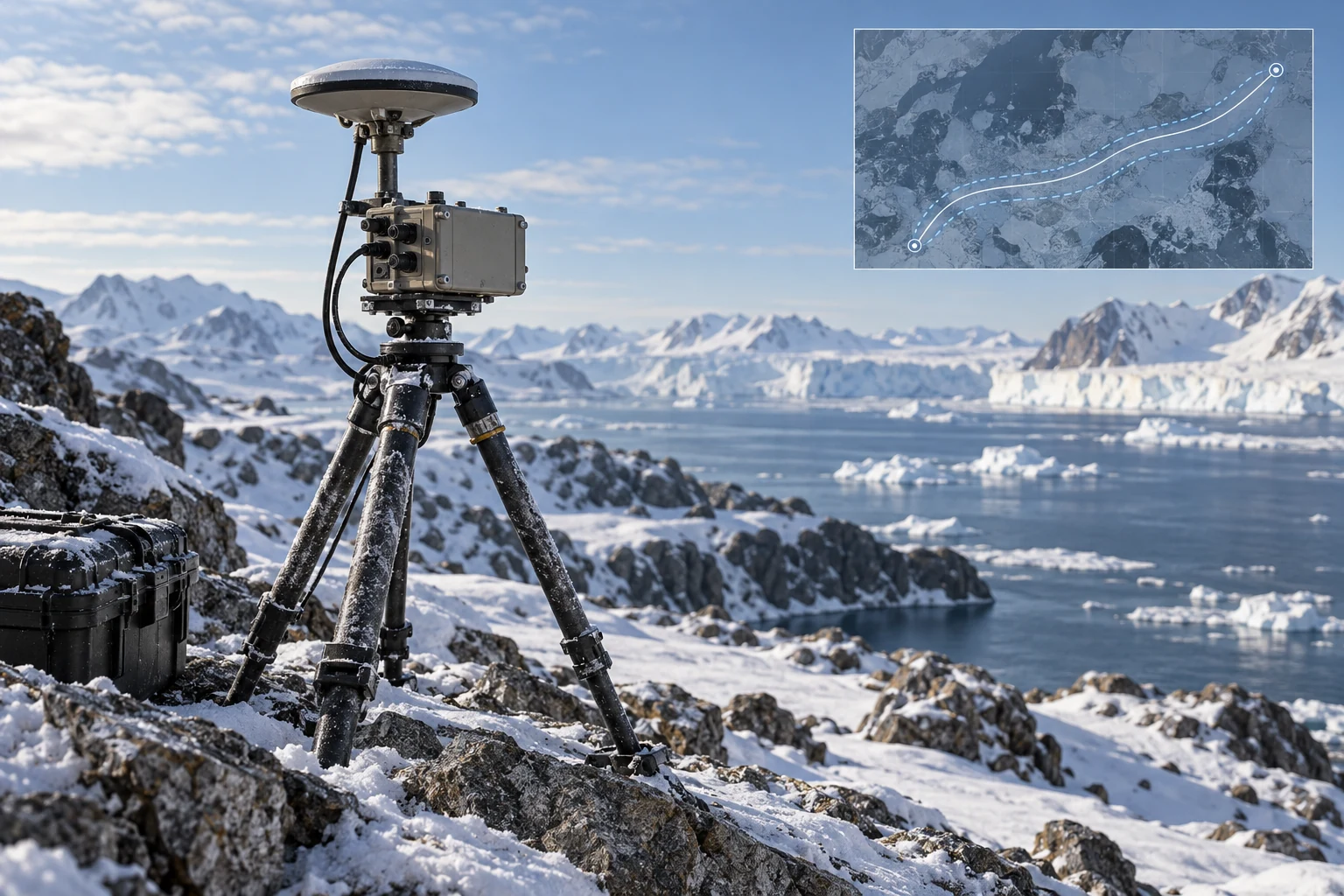 A polar field navigation station with a conceptual route inset.