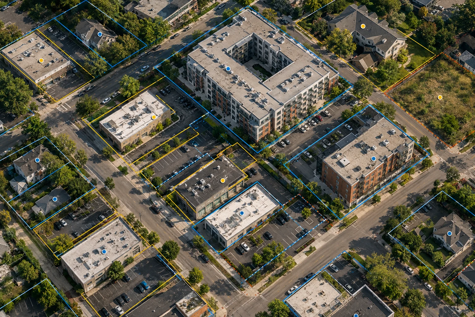 A neighborhood with separate parcel, footprint, and address-point overlays.