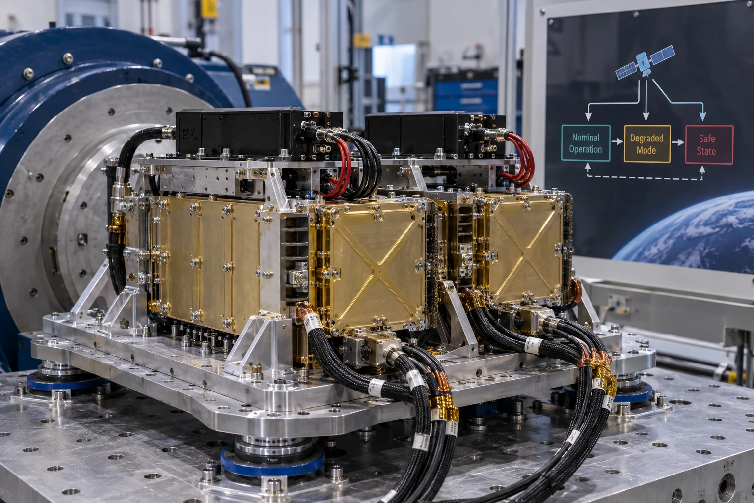 A spacecraft electronics assembly undergoing laboratory testing.